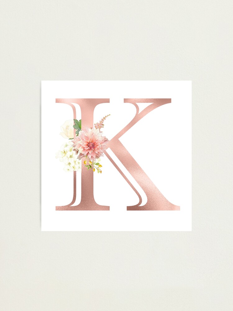 Letter K Rose Gold Foil Floral Monogram  Photographic Print for