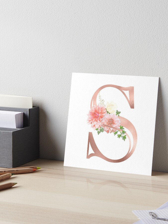 Letter S Rose Gold Metallic Foil Flower Monogram Canvas Print for