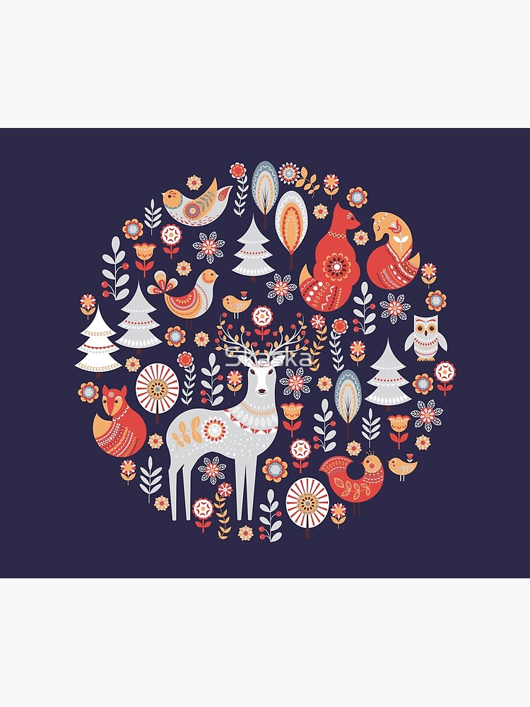 Fairy-tale forest. Foxes, deer, birds, owls, flowers and herbs on a blue background. by Skaska