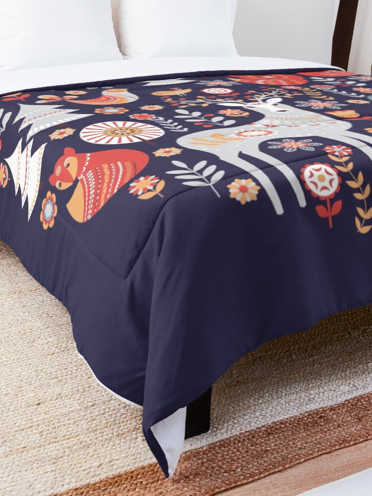Alternate view of Fairy-tale forest. Foxes, deer, birds, owls, flowers and herbs on a blue background. Comforter