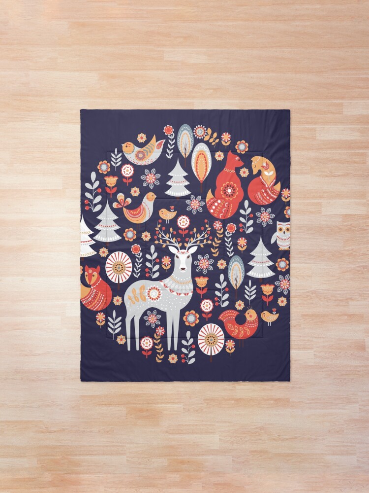 Alternate view of Fairy-tale forest. Foxes, deer, birds, owls, flowers and herbs on a blue background. Comforter