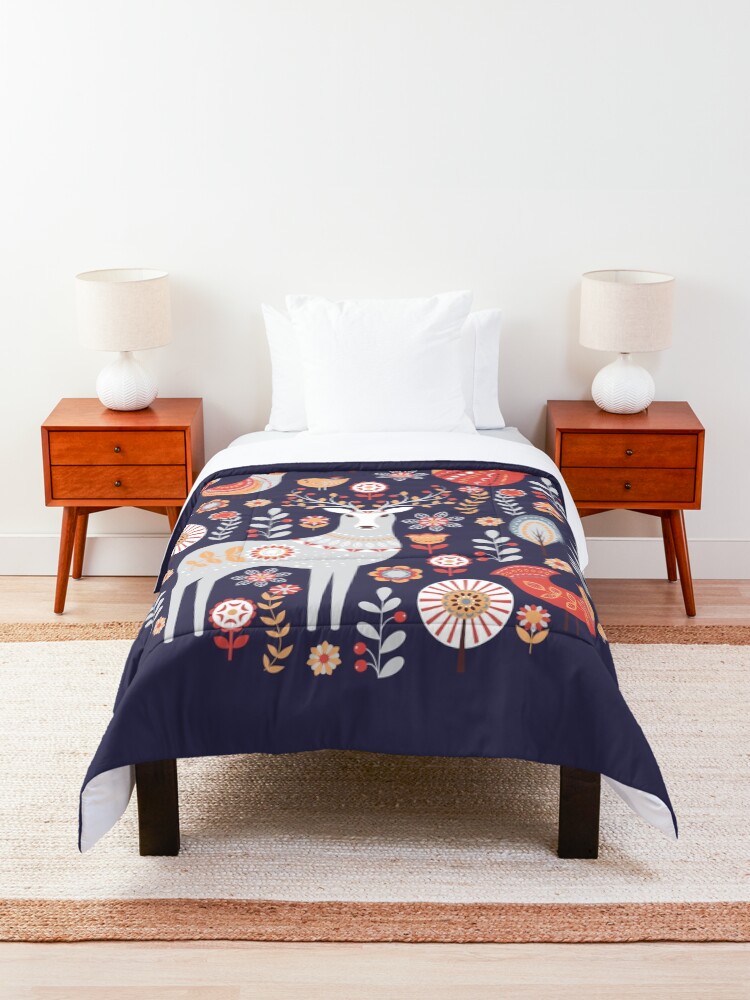 Alternate view of Fairy-tale forest. Foxes, deer, birds, owls, flowers and herbs on a blue background. Comforter
