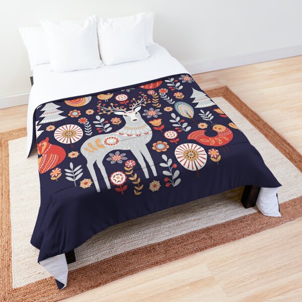 Fairy-tale forest. Foxes, deer, birds, owls,  flowers and herbs on a blue background.  Comforter