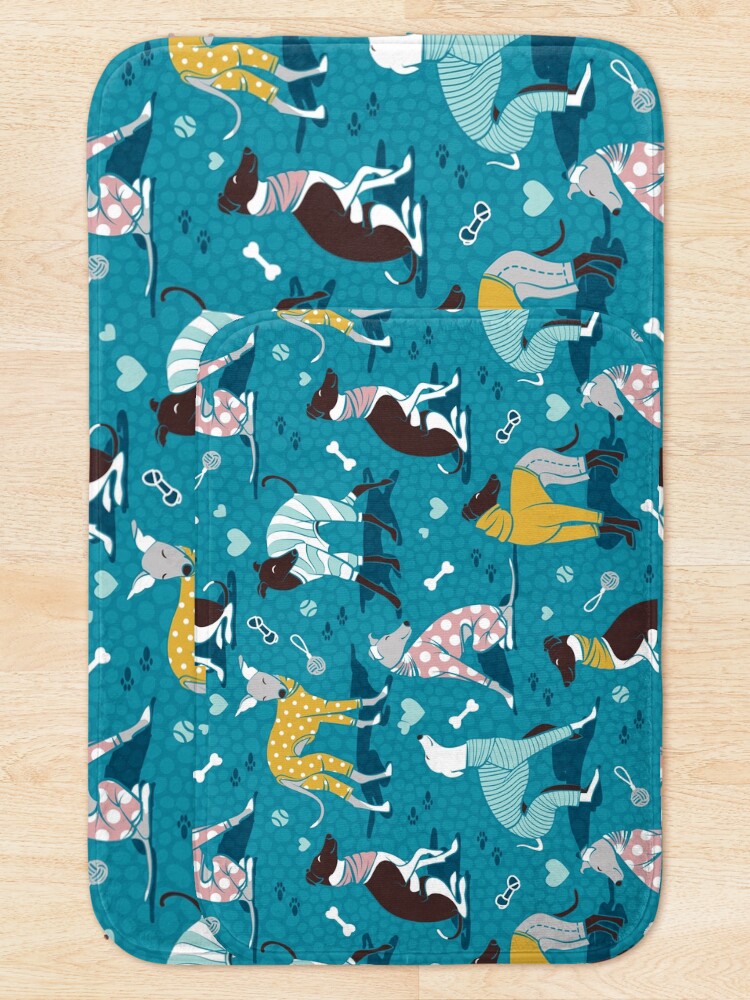 Alternate view of Greyhounds dogwalk // turquoise background Bath Mat