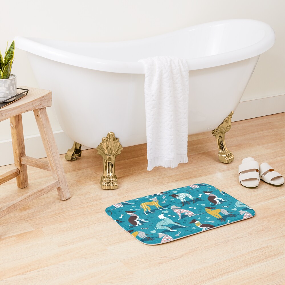 Greyhounds dogwalk // turquoise background Bath Mat