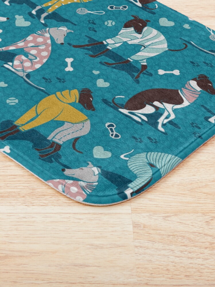 Alternate view of Greyhounds dogwalk // turquoise background Bath Mat