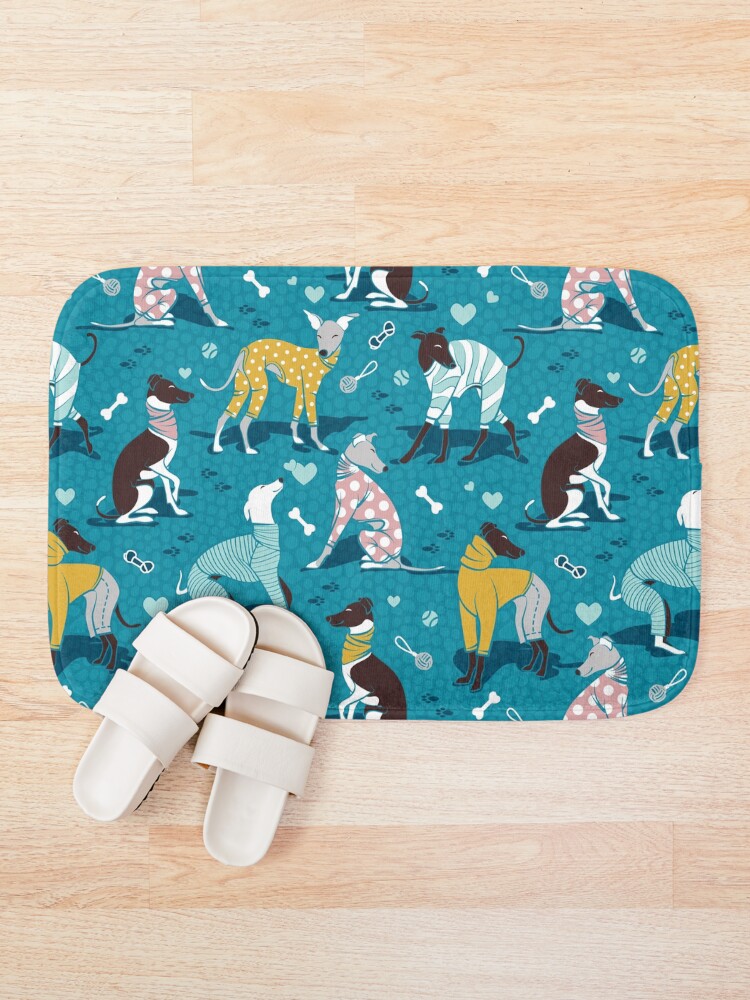 Alternate view of Greyhounds dogwalk // turquoise background Bath Mat