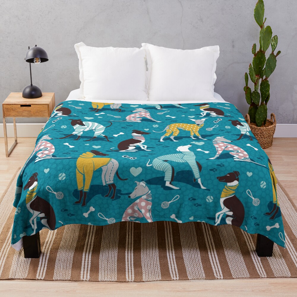 Greyhounds dogwalk // turquoise background Throw Blanket