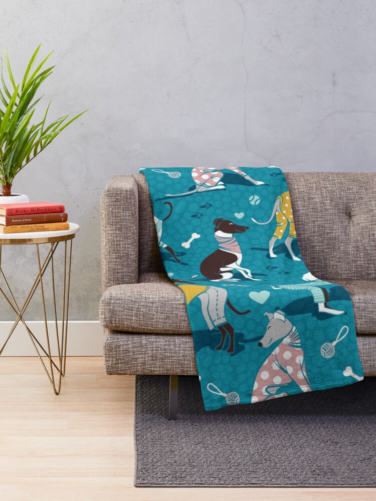 Alternate view of Greyhounds dogwalk // turquoise background Throw Blanket