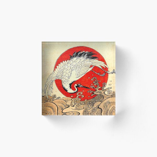 RED SUN ,FLYING CRANE AND SEA WAVES Japanese Painting Acrylic Block
