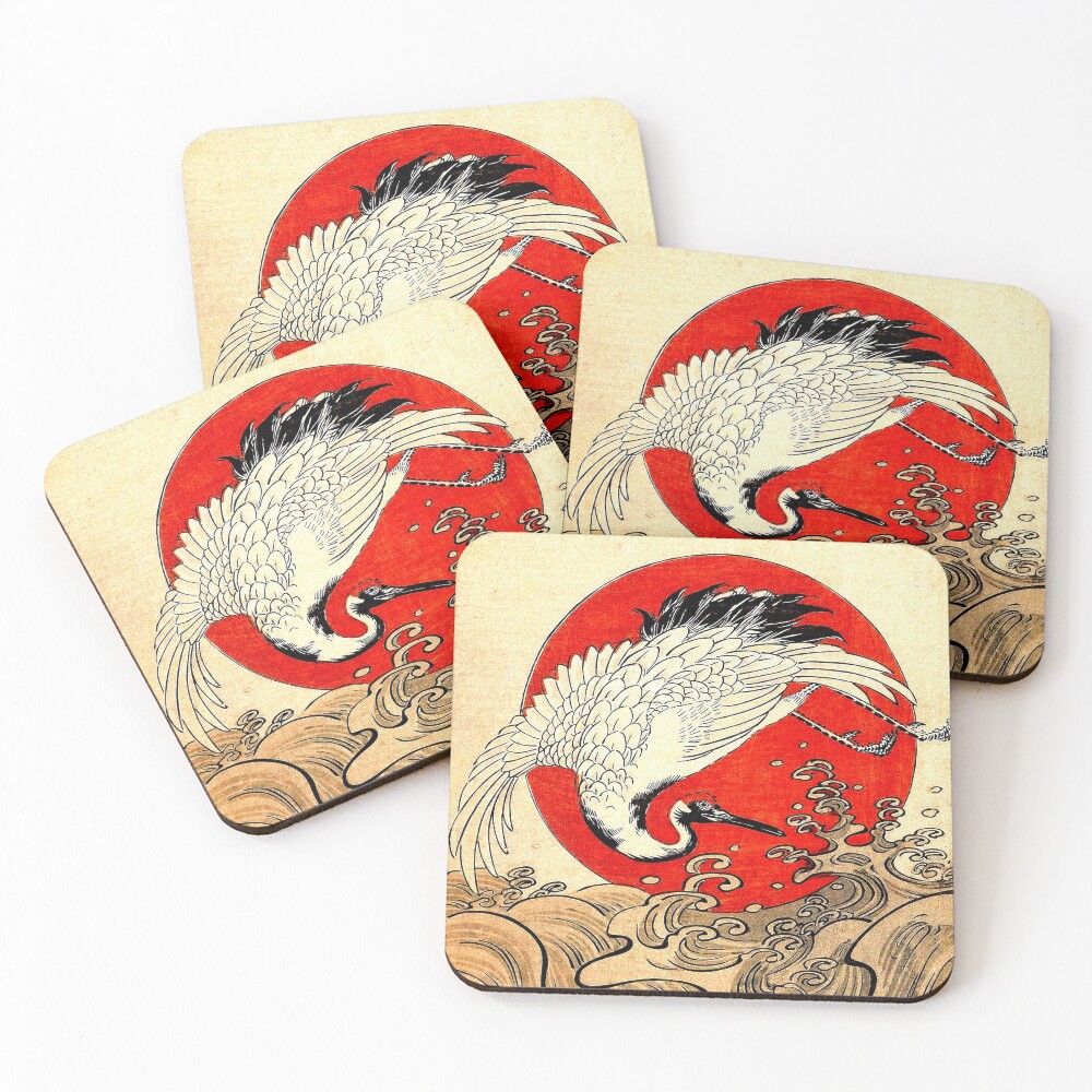RED SUN ,FLYING CRANE AND SEA WAVES Japanese Painting Coasters (Set of 4)