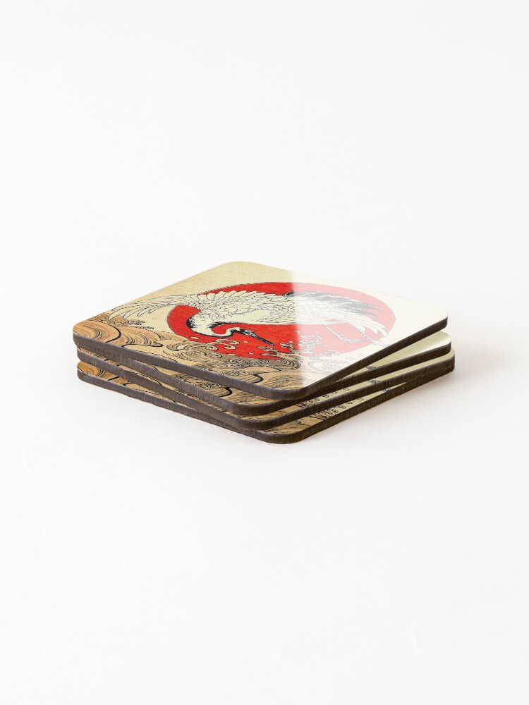 Alternate view of RED SUN ,FLYING CRANE AND SEA WAVES Japanese Painting Coasters (Set of 4)