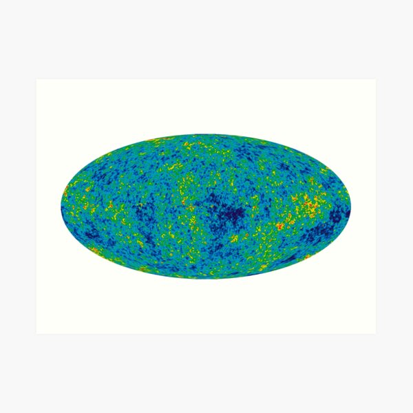 COSMOS. UNIVERSE. COSMIC, SPACE, BIG BANG, Nine Year Microwave Sky, 9 year WMAP image, background cosmic radiation. on White. Art Print