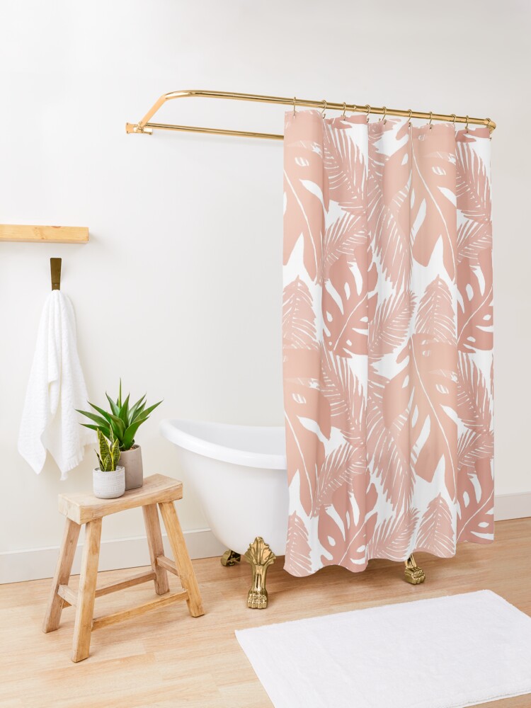 Alternate view of Rose Gold Tropical Leaf Monstera Pattern Shower Curtain