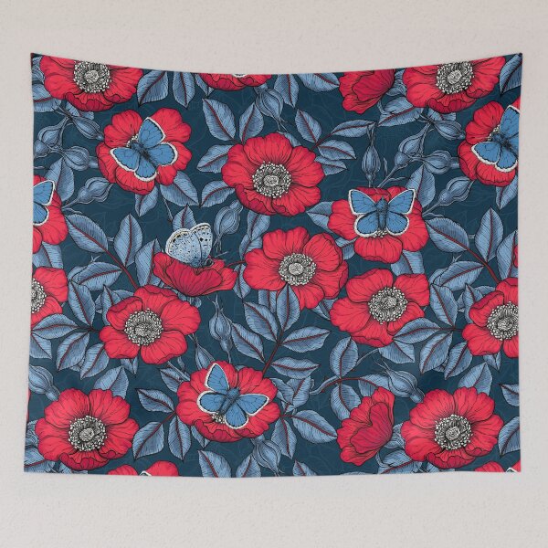 Item preview, Dog rose and butterflies in blue and red designed and sold by Katerina Mitkova Kirilova.