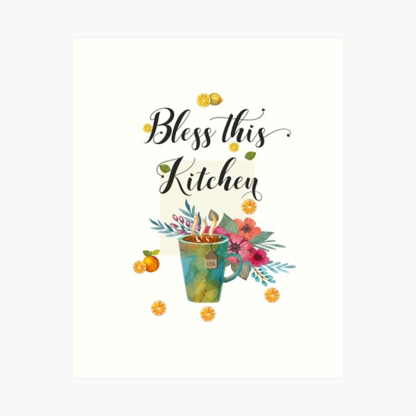 Item preview, Bless this Kitchen Quote Hand Lettering Calligraphy Food Design Watercolor designed and sold by tanabe.