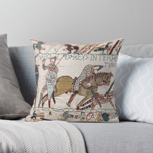 Bayeux Tapestry. King Harold is killed. Arrow in eye. Throw Pillow