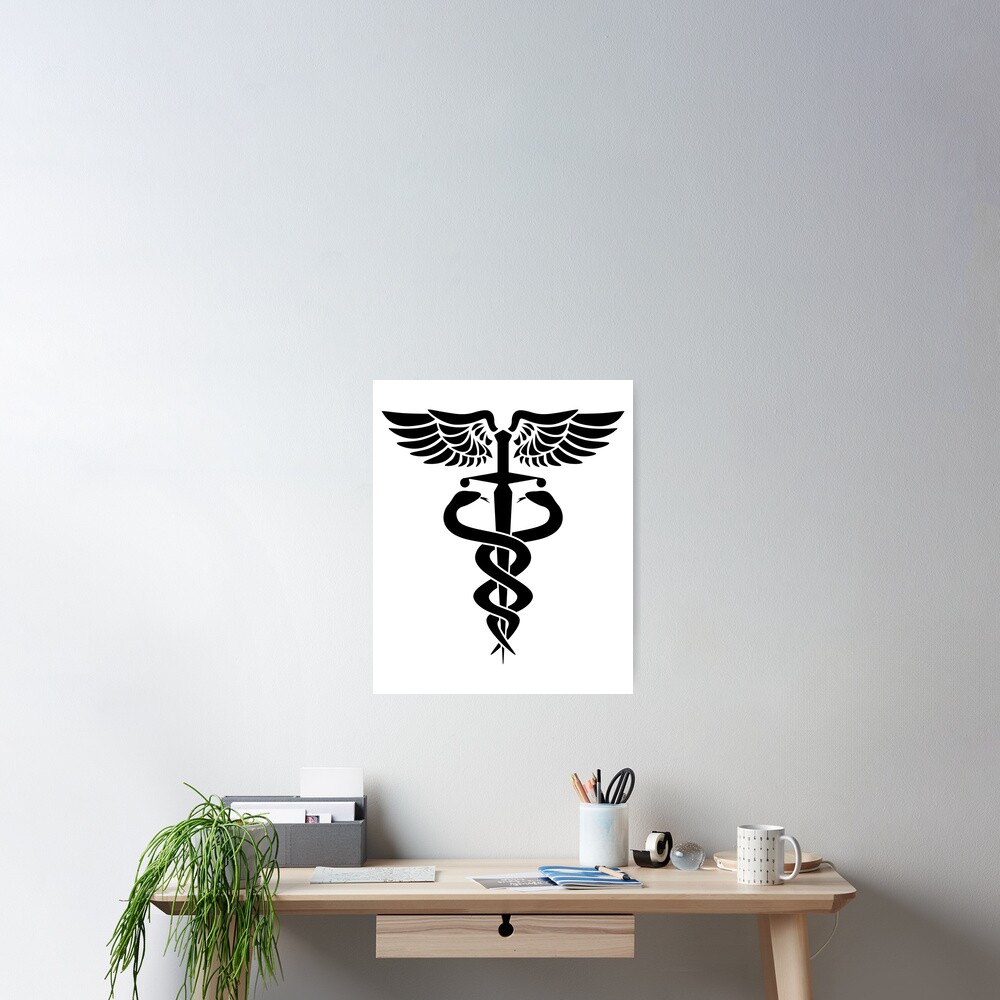 Caduceus medical symbol with snakes sword and wings Poster