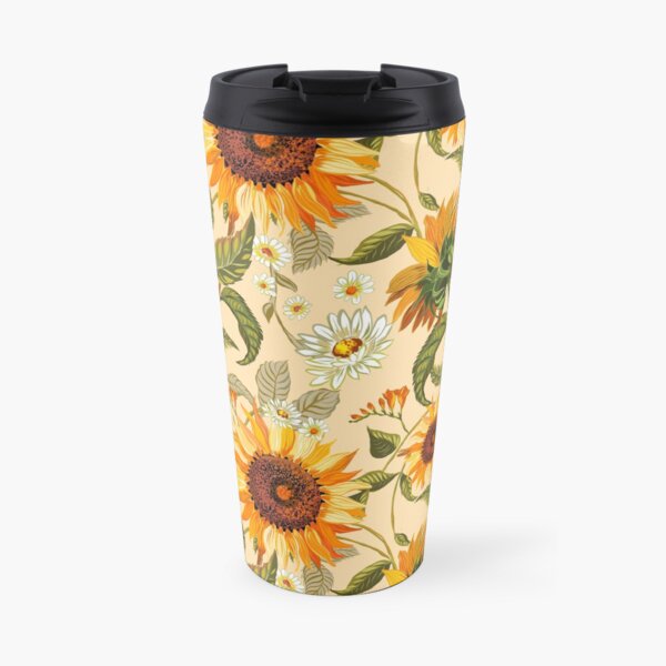 Sunflowers 70s vintage golden retro pattern, yellow and orange flowers Travel Mug