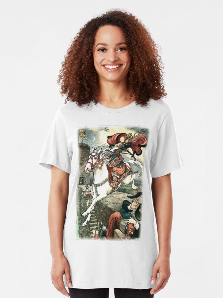 Alternate view of SHE PUT HER GOOD STEED TO THE WALLS AND LEAPT LIGHTLY OVER THEM from the story HOW STAVR THE NOBLE WAS SAVED BY A WOMAN’S WILES in The Russian Story Book Slim Fit T-Shirt