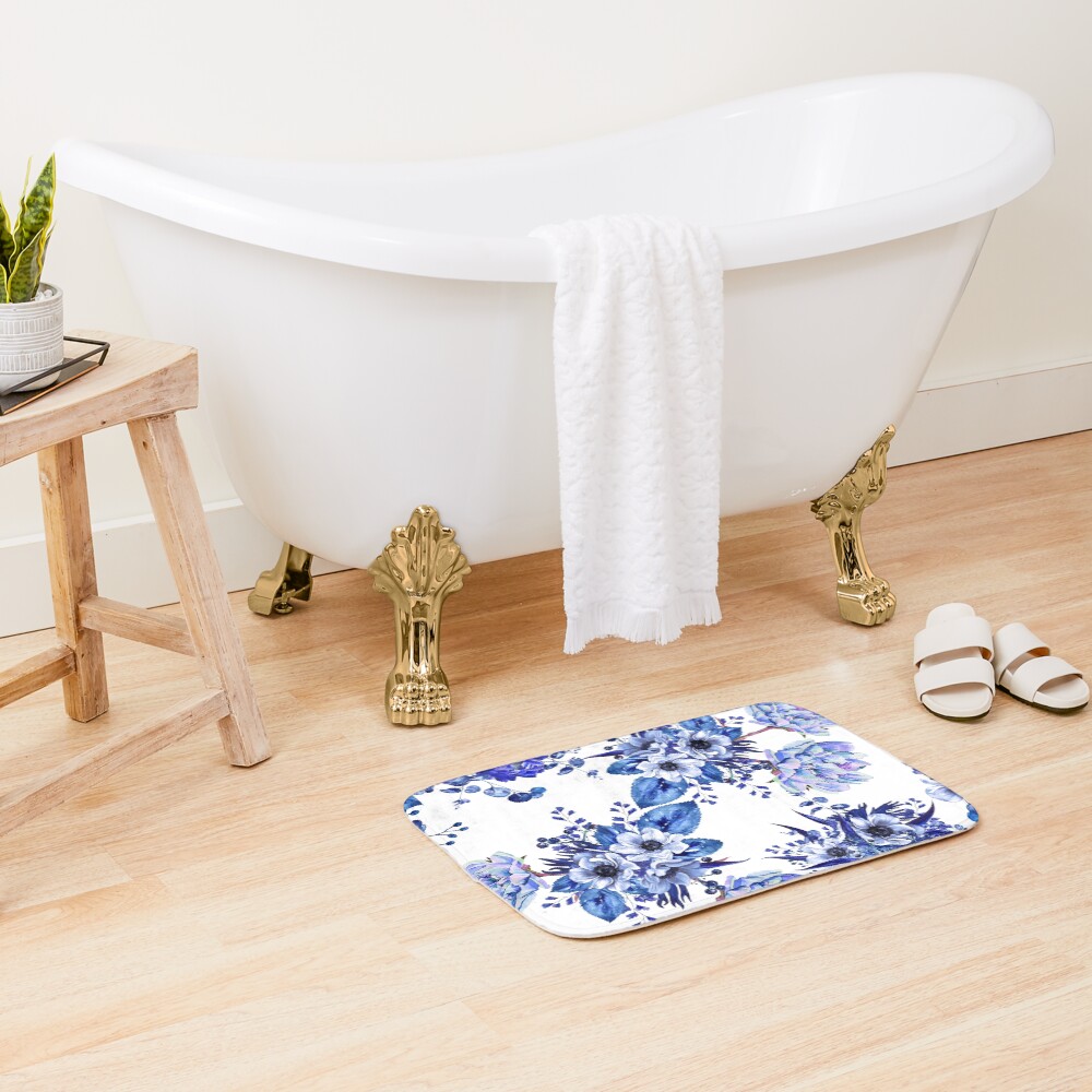 Blue Floral Design Bath Mat