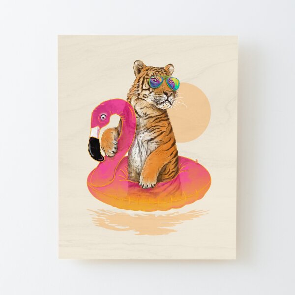 Chillin, Flamingo Tiger Wood Mounted Print