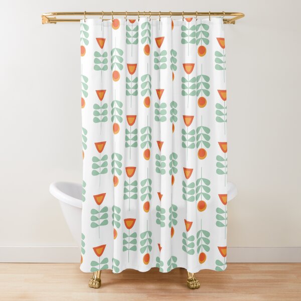 Scandi Garden 3: Minimalist Retro Mid-Century Modern Flowers in Celadon, Orange, and White Shower Curtain