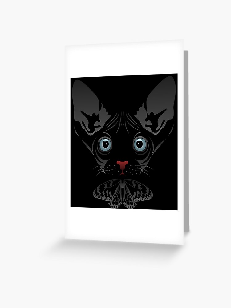 Carte De Vœux Grandes Oreilles Grands Yeux Et Un Papillon De Nuit Visage De Chat Noir Par Stairiart Redbubble