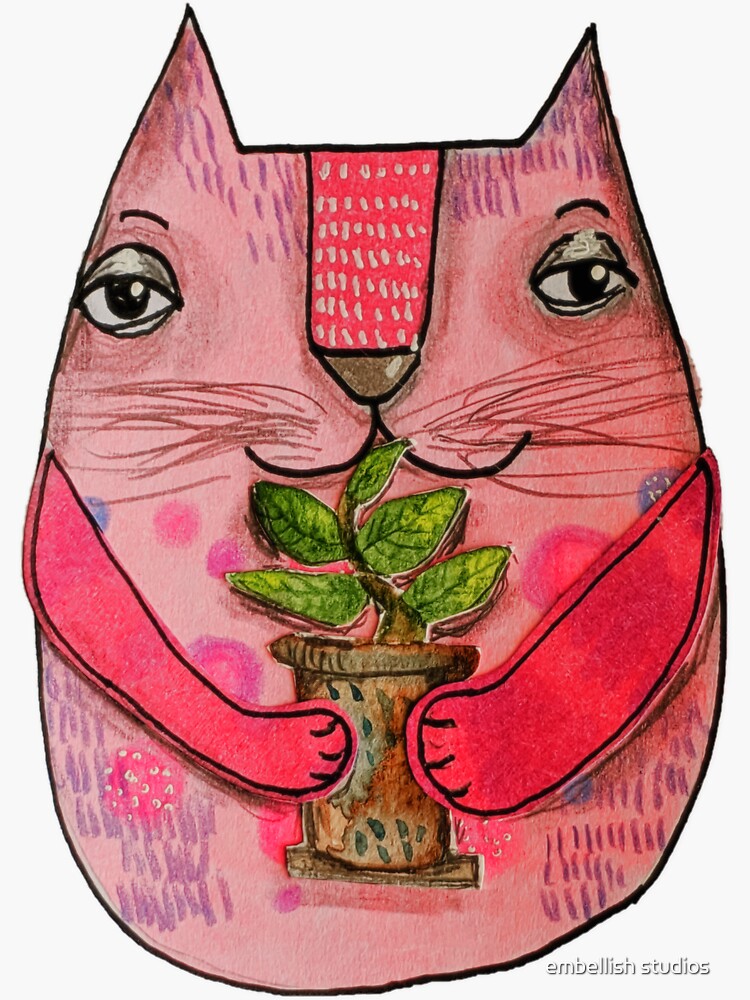 Pink cat with plant by tammymurdock