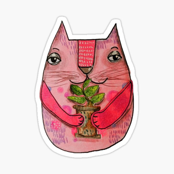 Pink cat with plant Sticker