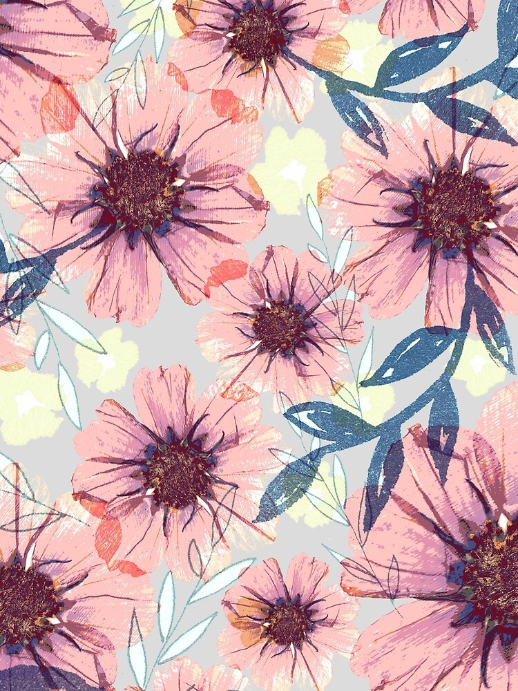 Romantik Blümiger Muster grau, rosa, blau von RanitasArt