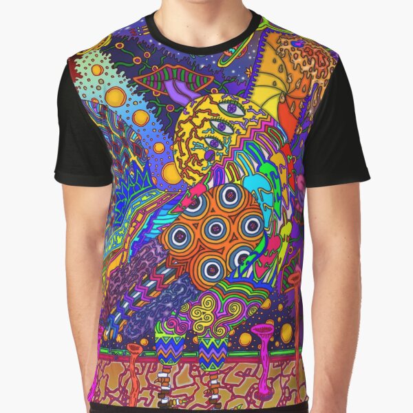 PSYCHEDELIC TRIPPY HORROR VACUI ANIMAL ROOSTER WITH SUN PLANETS GALAXIES - full colour Graphic T-Shirt