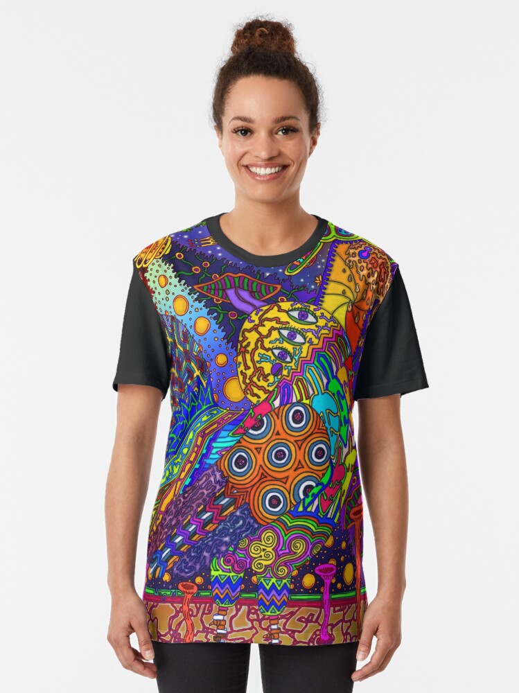 Alternate view of PSYCHEDELIC TRIPPY HORROR VACUI ANIMAL ROOSTER WITH SUN PLANETS GALAXIES - full colour Graphic T-Shirt