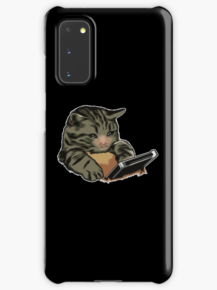 sad cat with phone