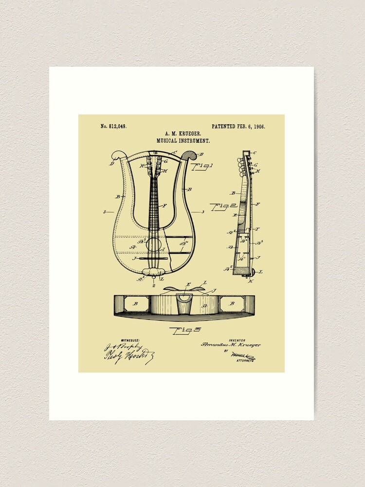 Stringed Instrument Lyre Patent Print 1906 Art Print for Sale by  MadebyDesign