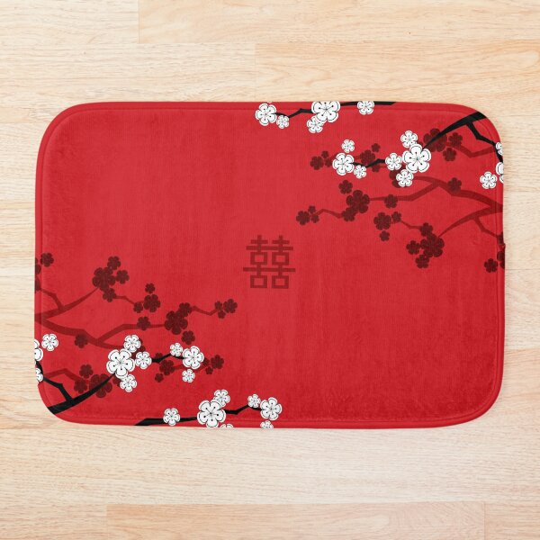 White Oriental Cherry Blossoms on Red and Chinese Wedding Double Happiness | Japanese Sakura © fatfatin Bath Mat