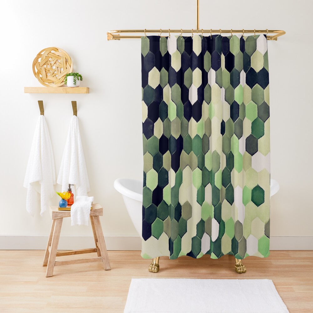 Honeycomb Pattern In Peppermint Green and Black Hexagon Painting Shower Curtain