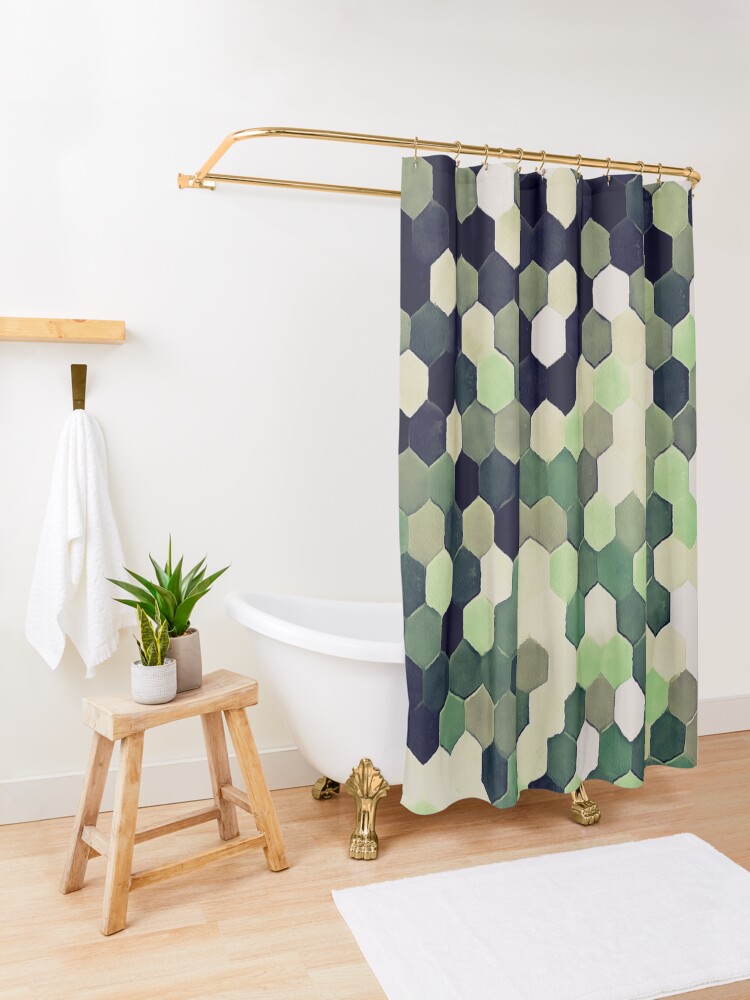 Alternate view of Honeycomb Pattern In Peppermint Green and Black Hexagon Painting Shower Curtain