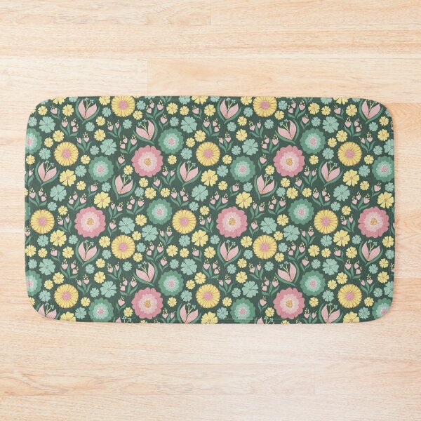 Floral Pattern, Aqua, Teal, Turquoise and Gray Bath Mat by Megan Morris