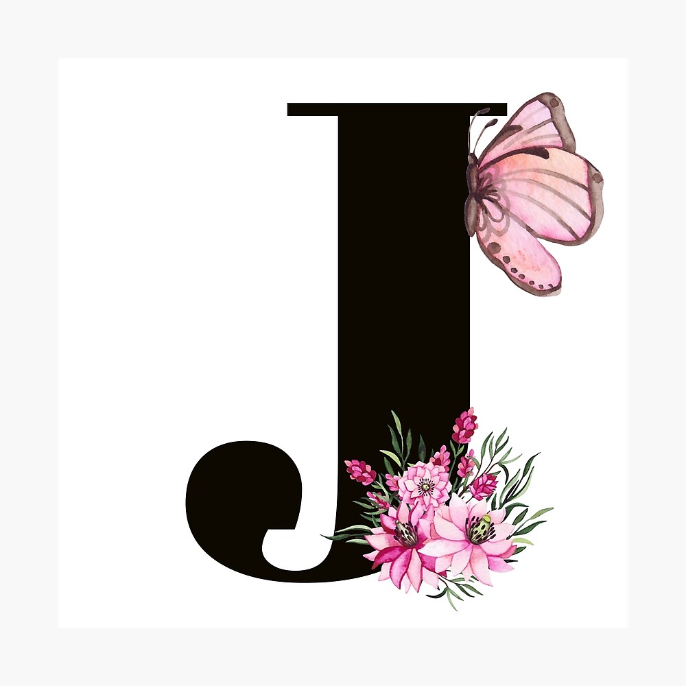 letter j alphabet monogram pink flower and butterfly