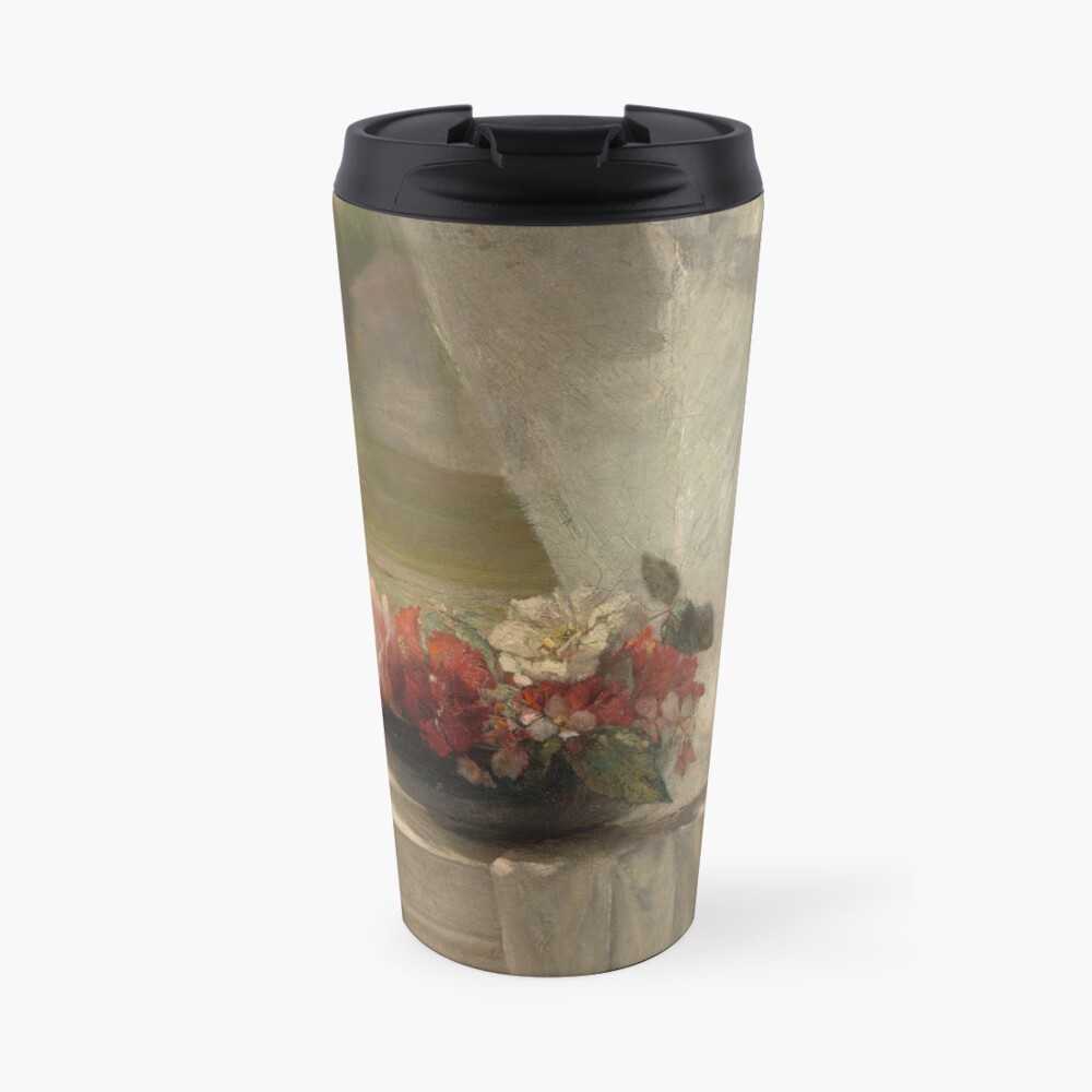 Flowers on a Window Ledge Oil Painting by John La Farge Travel Mug
