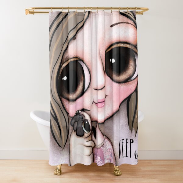 Little child big eyes and the pug Shower Curtain
