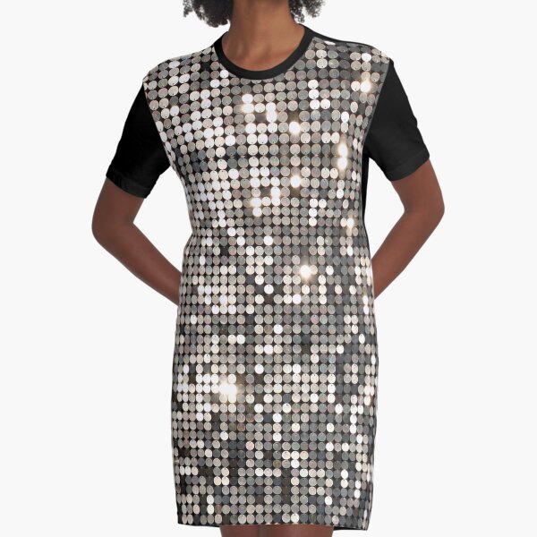 Silver Gray Disco Glitter & Sparkles Graphic T-Shirt Dress
