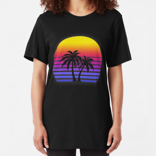 Synthwave Sun Palm Trees Slim Fit T-Shirt