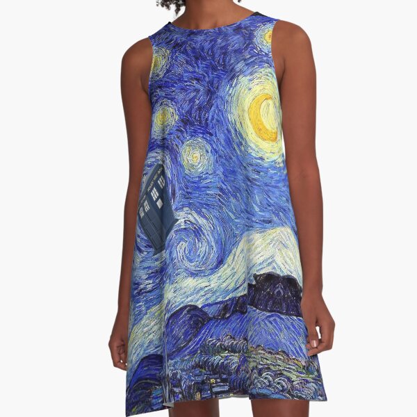 Starry Night Inspiration Tardis Time Machine A-Line Dress