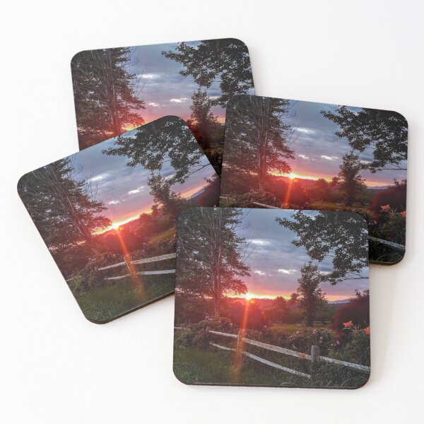 Summer sunset with fence and flowers Coasters (Set of 4)