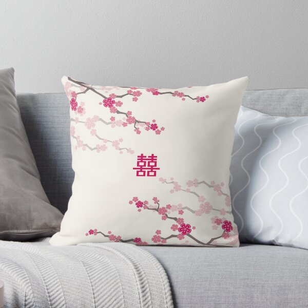 Fuchsia Pink Oriental Cherry Blossoms on Cream and Chinese Wedding Double Happiness | Japanese Sakura Throw Pillow