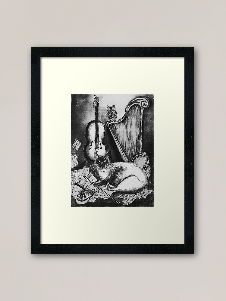 Alternate view of MUSICAL CAT AND OWL WITH MUSIC INSTRUMENTS Black and White Framed Art Print