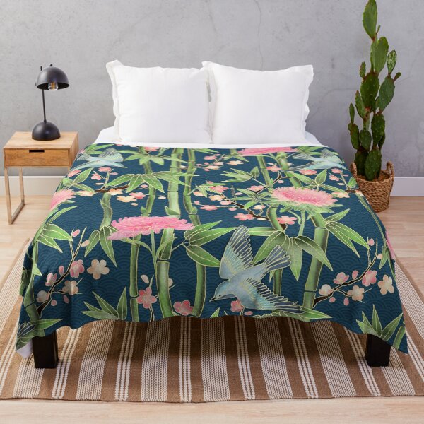 Bamboo, Birds and Blossom - dark teal Throw Blanket