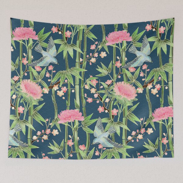 Item preview, Bamboo, Birds and Blossom - dark teal designed and sold by micklyn.